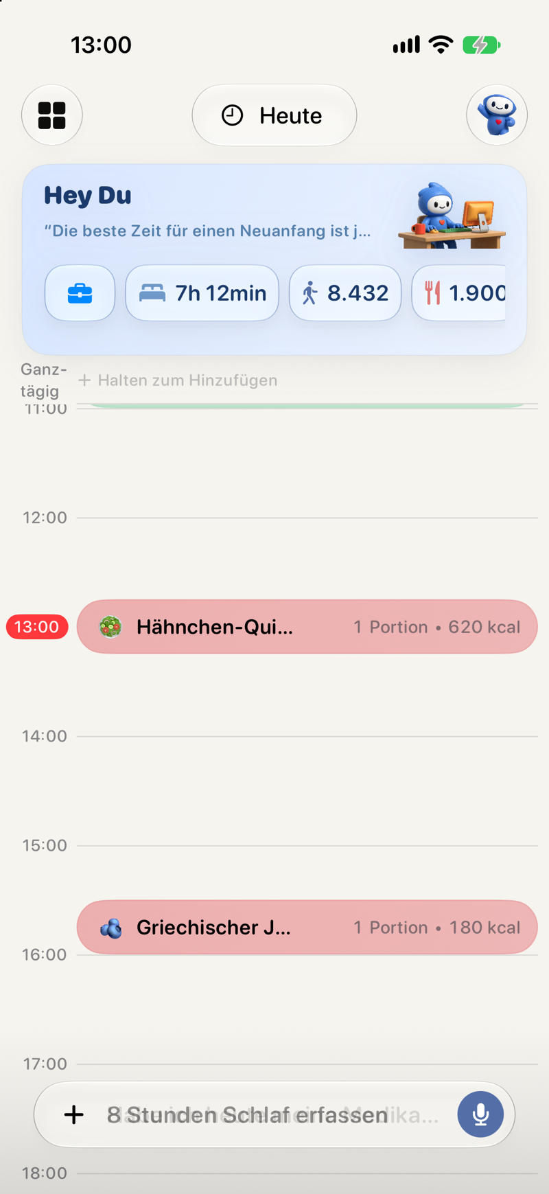 All-in-one-Tracking-App-Timeline mit Essen, Wasser, Stimmung und Medikamenten-Einträgen zusammen