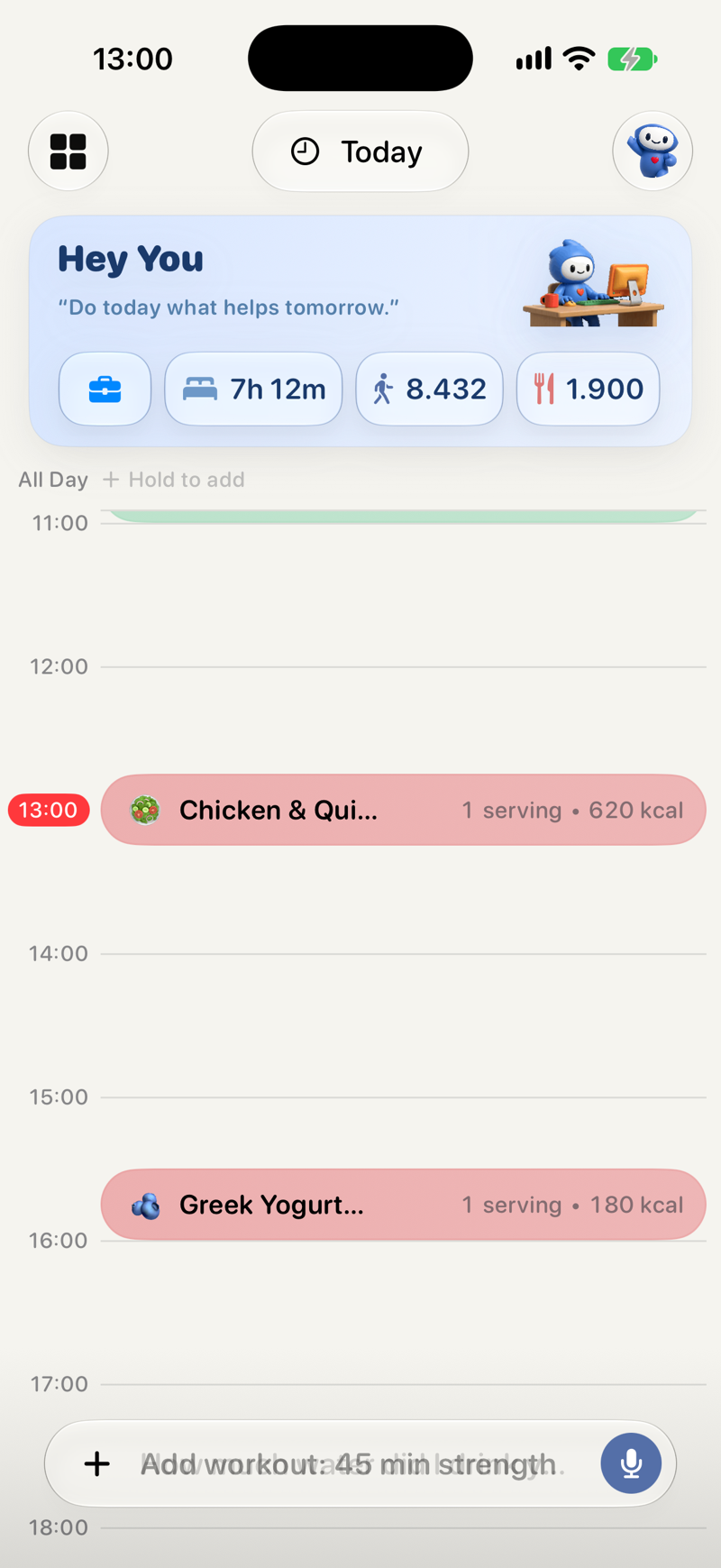 all-in-one tracker app timeline showing food, water, mood, and medication logs together